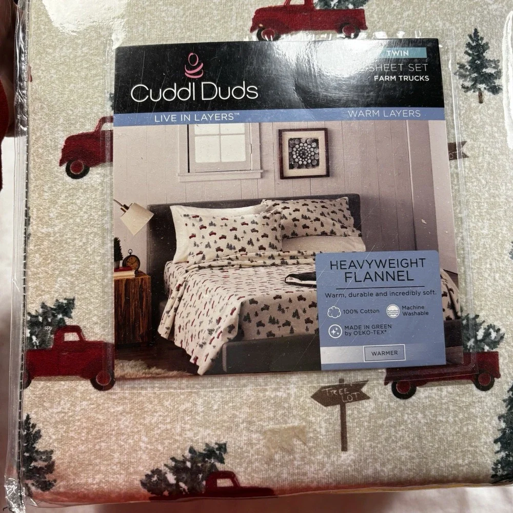 Twin Heavyweight Flannel 3P Sheet Set-Farmhouse Trucks-100%Cotton-Cuddl Duds*NEW